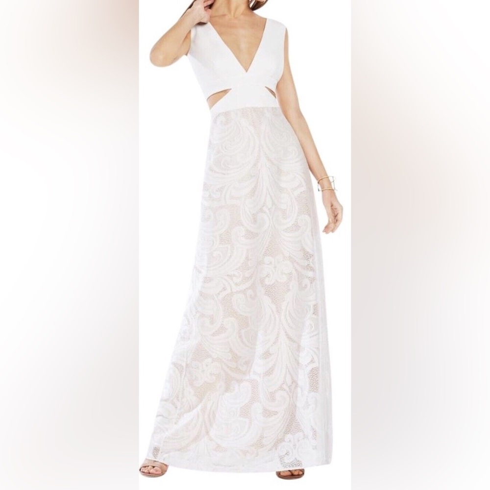 BCBGMaxAzria Marilyne Sworl Lace White Cutout Gown - Size Small